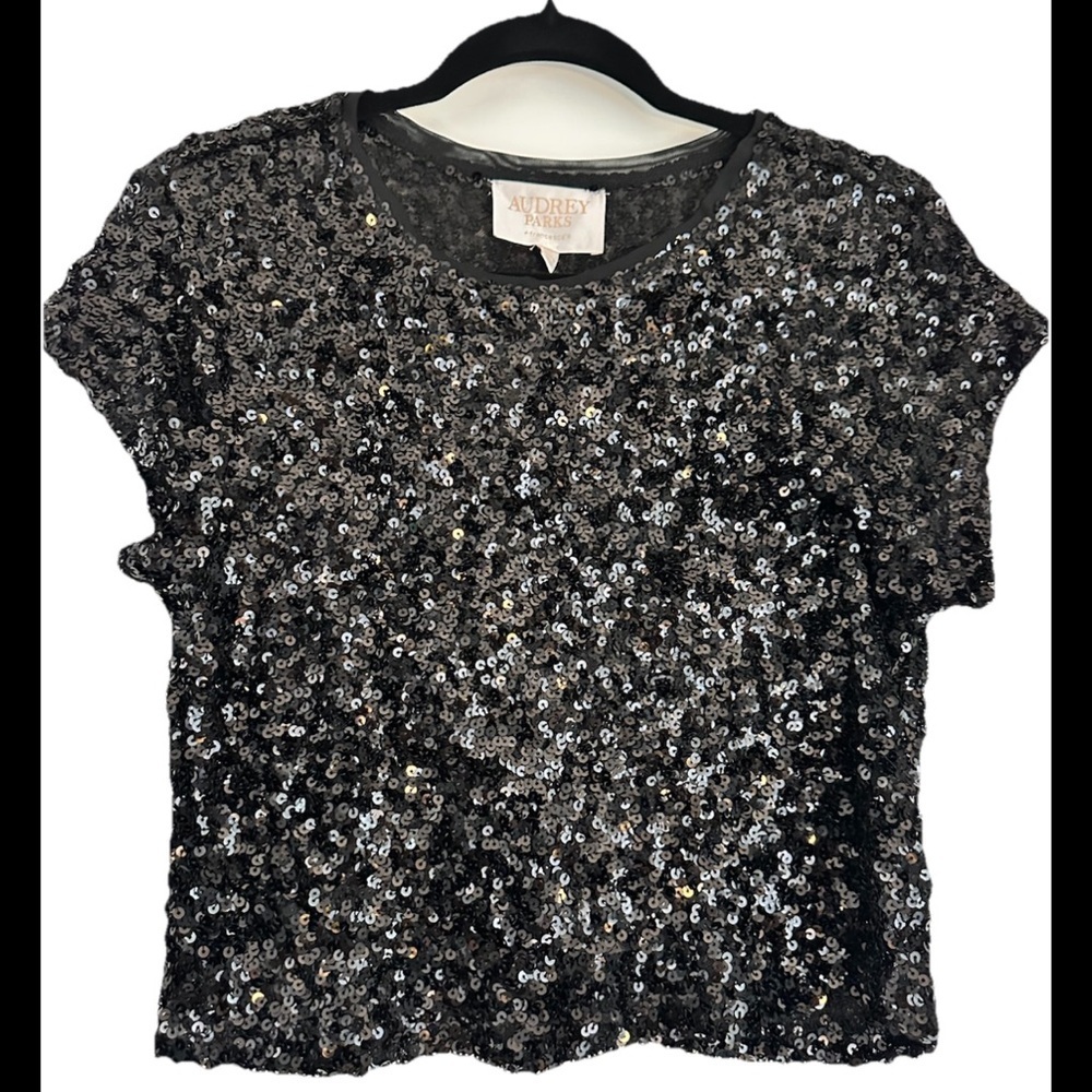 AUDREY PARKS Black Sequin Women's Cropped Top Sz M